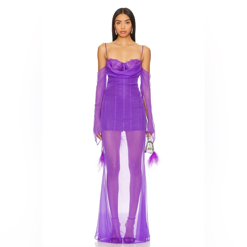 Retrofete Purple Sheer Feather-Trim Maxi Dress